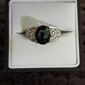 Black Cat's Eye Solitaire Ring In Platinum Over 925 Sterling Silver